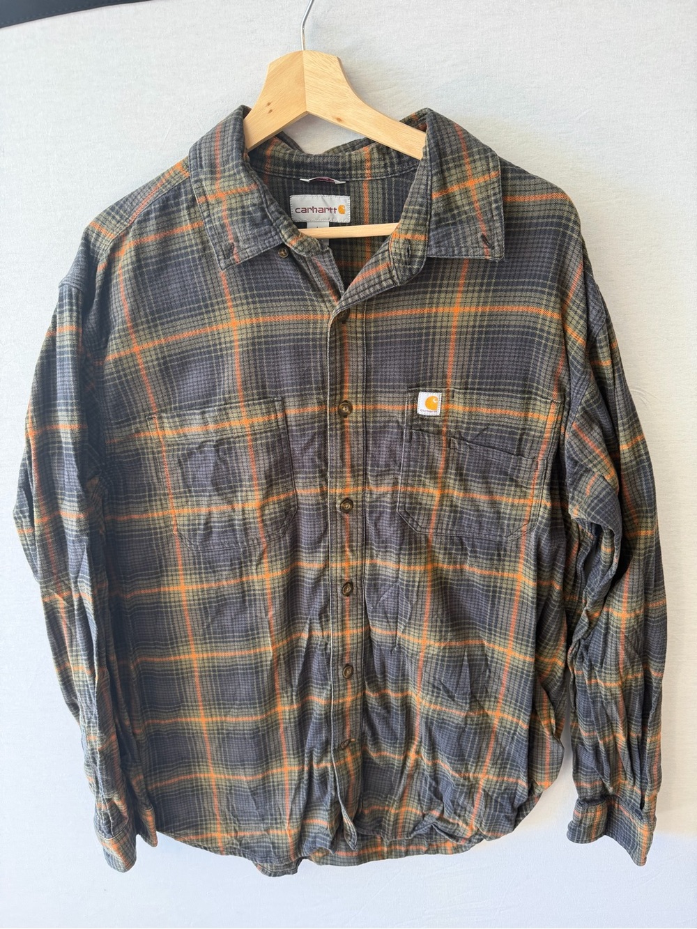 Carhartt Men's Gray and Orange Plaid Button-Down Shirt
